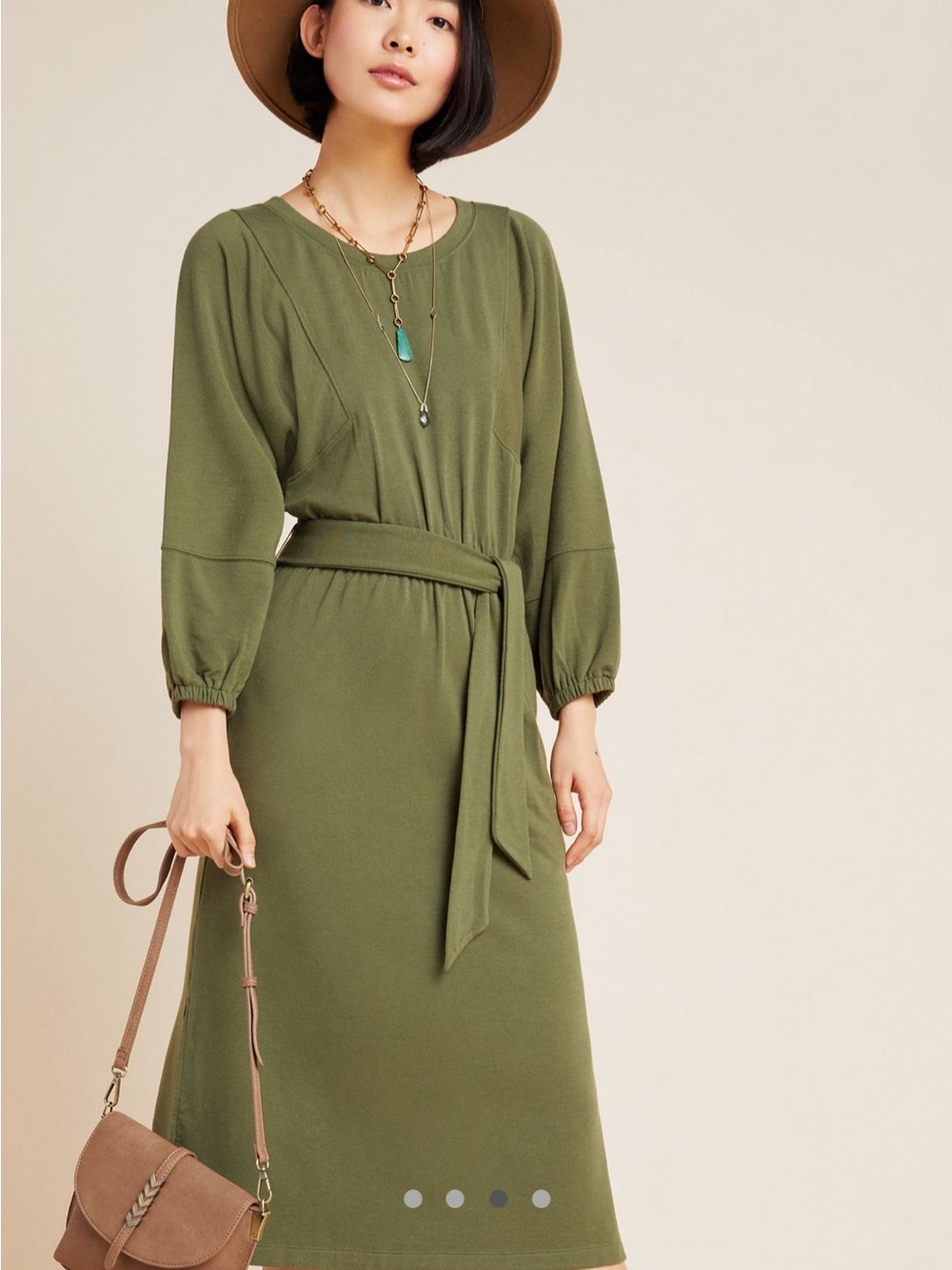 Anthropologie Olive Green Tie-Waist Midi Dress